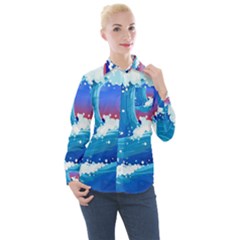 Japanese Wave Japanese Ocean Waves Women s Long Sleeve Pocket Shirt