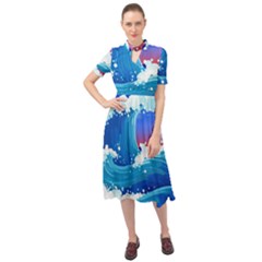 Japanese Wave Japanese Ocean Waves Keyhole Neckline Chiffon Dress