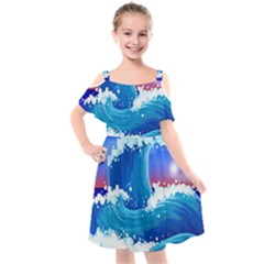 Japanese Wave Japanese Ocean Waves Kids  Cut Out Shoulders Chiffon Dress by Pakrebo