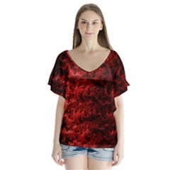 Red Abstract Fractal Background V-neck Flutter Sleeve Top by Pakrebo