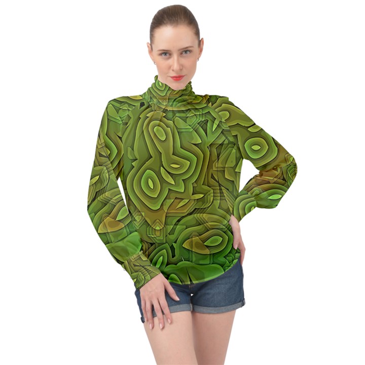 Background Abstract Green Seamless High Neck Long Sleeve Chiffon Top