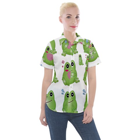 Kawaii Frog Rainy Season Japanese Women s Short Sleeve Pocket Shirt by Pakrebo