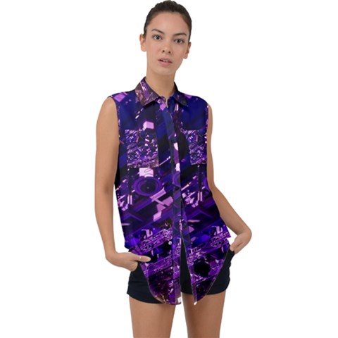 Light Violet Purple Technology Sleeveless Chiffon Button Shirt by Pakrebo