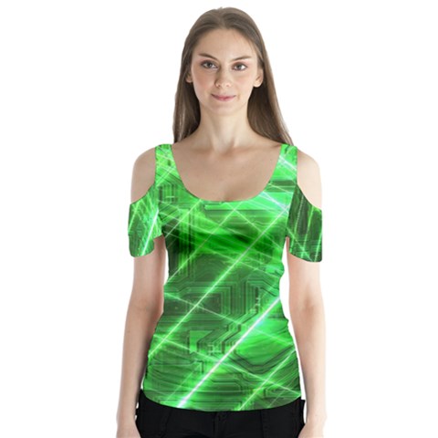 Futuristic Background Laser Green Butterfly Sleeve Cutout Tee  by Pakrebo