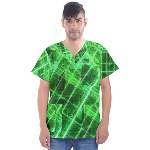 Futuristic Background Laser Green Men s V-neck Scrub Top by Pakrebo