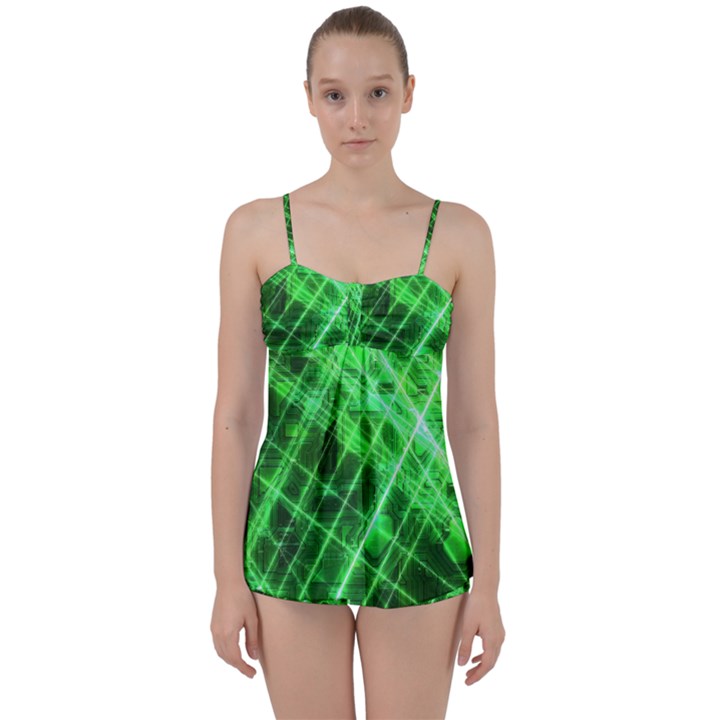 Futuristic Background Laser Green Babydoll Tankini Set