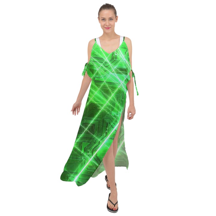 Futuristic Background Laser Green Maxi Chiffon Cover Up Dress