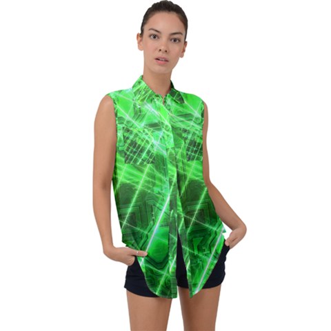 Futuristic Background Laser Green Sleeveless Chiffon Button Shirt by Pakrebo