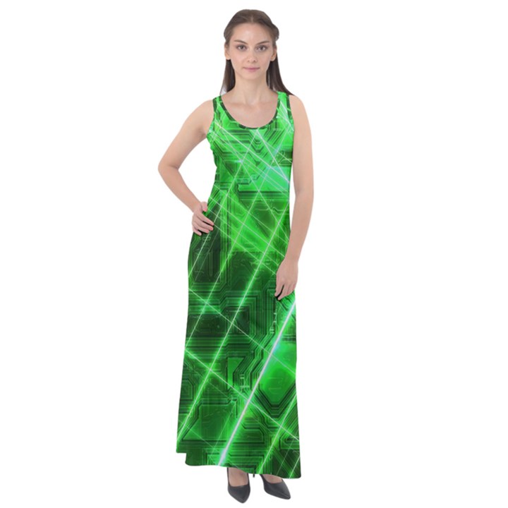 Futuristic Background Laser Green Sleeveless Velour Maxi Dress