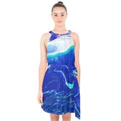 Paint Acrylic Paint Art Painting Blue Halter Collar Waist Tie Chiffon Dress by Pakrebo