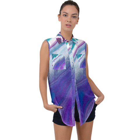 Color Acrylic Paint Art Painting Sleeveless Chiffon Button Shirt by Pakrebo