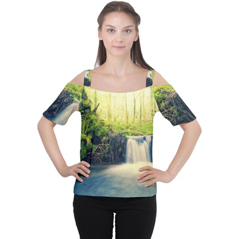 Waterfall River Nature Forest Cutout Shoulder Tee by Pakrebo