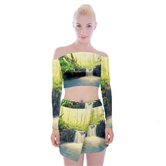 Waterfall River Nature Forest Off Shoulder Top With Mini Skirt Set by Pakrebo