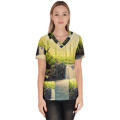 Waterfall River Nature Forest Women s V-neck Scrub Top by Pakrebo