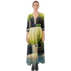 Waterfall River Nature Forest Button Up Boho Maxi Dress by Pakrebo