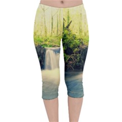 Waterfall River Nature Forest Velvet Capri Leggings  by Pakrebo