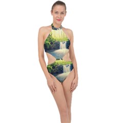 Waterfall River Nature Forest Halter Side Cut Swimsuit