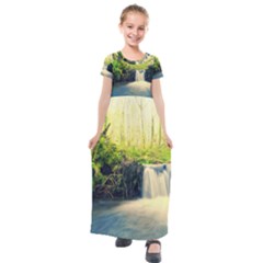 Waterfall River Nature Forest Kids  Short Sleeve Maxi Dress by Pakrebo