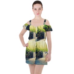 Waterfall River Nature Forest Ruffle Cut Out Chiffon Playsuit by Pakrebo