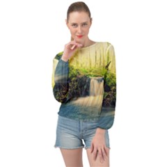 Waterfall River Nature Forest Banded Bottom Chiffon Top by Pakrebo