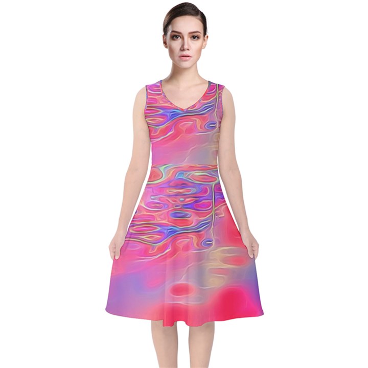 Purple Red Abstract Pool V-Neck Midi Sleeveless Dress 