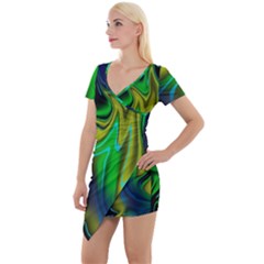 Green Blue Yellow Swirl Short Sleeve Asymmetric Mini Dress by bloomingvinedesign