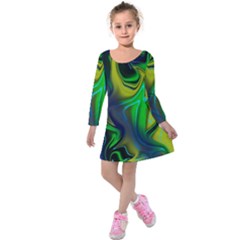 Green Blue Yellow Swirl Kids  Long Sleeve Velvet Dress