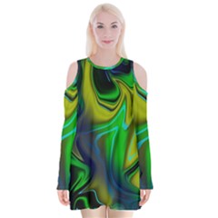 Green Blue Yellow Swirl Velvet Long Sleeve Shoulder Cutout Dress