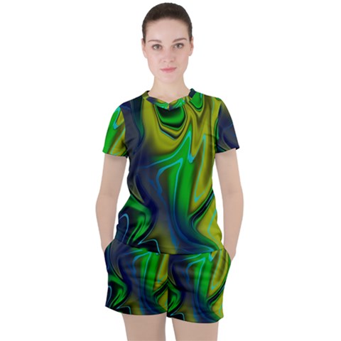 Green Blue Yellow Swirl Women s Tee And Shorts Set by bloomingvinedesign