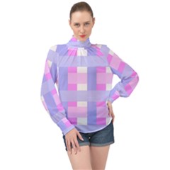 Gingham Checkered Texture Pattern High Neck Long Sleeve Chiffon Top by Pakrebo