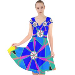 Mandala Wheel Pattern Ornament Cap Sleeve Front Wrap Midi Dress