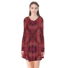 Maroon Triangle Pattern Seamless Long Sleeve V-neck Flare Dress by Pakrebo