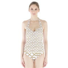 Graphic Mughal Pattern Jali Jaali Halter Swimsuit by Pakrebo