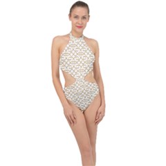 Graphic Mughal Pattern Jali Jaali Halter Side Cut Swimsuit by Pakrebo