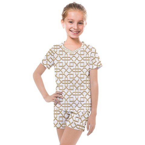 Graphic Mughal Pattern Jali Jaali Kids  Mesh Tee And Shorts Set by Pakrebo