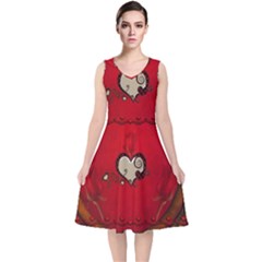 Beautiful Elegant Hearts With Roses V-neck Midi Sleeveless Dress  by FantasyWorld7