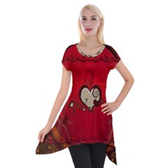 Beautiful Elegant Hearts With Roses Short Sleeve Side Drop Tunic by FantasyWorld7