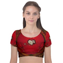 Beautiful Elegant Hearts With Roses Velvet Short Sleeve Crop Top  by FantasyWorld7