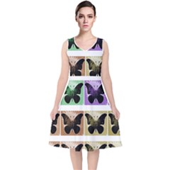 Seamless Wallpaper Butterfly V-Neck Midi Sleeveless Dress 