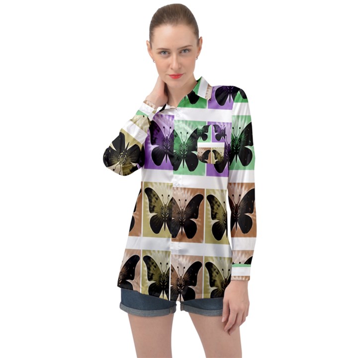 Seamless Wallpaper Butterfly Long Sleeve Satin Shirt