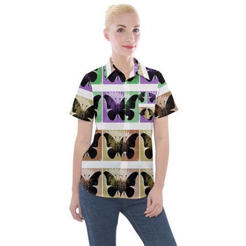 Seamless Wallpaper Butterfly Women s Short Sleeve Pocket Shirt by Pakrebo