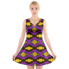 Seamless Wallpaper Digital Pattern Yellow Brown Purple V-neck Sleeveless Dress