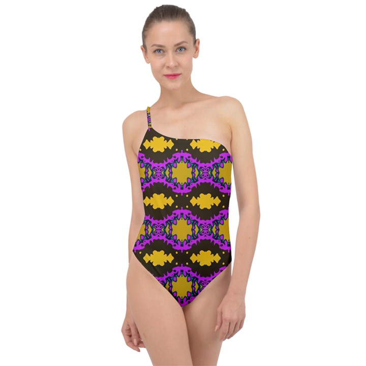 Seamless Wallpaper Digital Pattern Yellow Brown Purple Classic One Shoulder Swimsuit