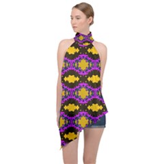 Seamless Wallpaper Digital Pattern Yellow Brown Purple Halter Asymmetric Satin Top by Pakrebo