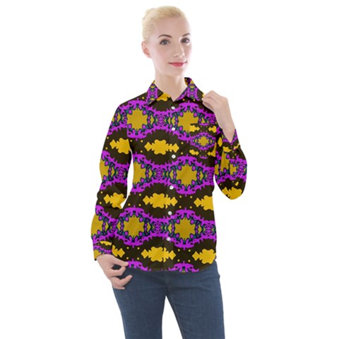 Seamless Wallpaper Digital Pattern Yellow Brown Purple Women s Long Sleeve Pocket Shirt by Pakrebo