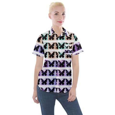 Seamless Wallpaper Butterfly Pattern Women s Short Sleeve Pocket Shirt by Pakrebo