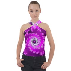 Fractal Pink Spiral Helix Cross Neck Velour Top