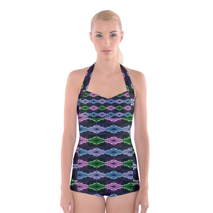 Seamless Wallpaper Geometric Boyleg Halter Swimsuit 