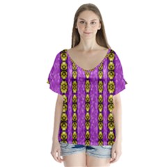 Love For The Fantasy Flowers With Happy Golden Joy V-neck Flutter Sleeve Top by pepitasart