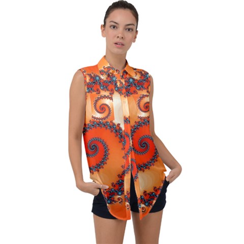 Fractal Rendering Spiral Twist Orange Sleeveless Chiffon Button Shirt by Pakrebo